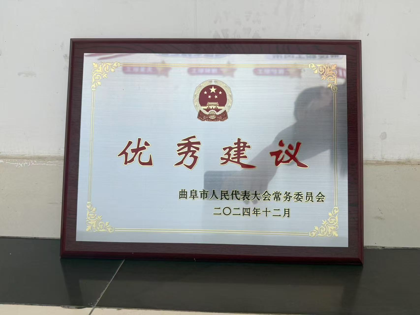 曲阜市人民代表大會常務委員會頒發(fā)“優(yōu)秀建議”